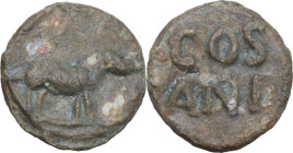 Leads from the Ancient World. PB Tessera, Roman period. D/ Horse standing right. R/ COS / ANI. PB. 4 g. 18.5 mm. Probably referred to the city of Cosa...