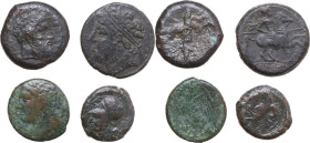 Greek Sicily. Lot of four (4) AE coins, including Dionysios I, Timoleon and the Third Democracy, Hiketas and Hieron II. AE.