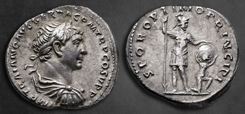 Trajan AD 98-117. Rome
Denarius AR

19 mm, 3,42 g

IMP TRAIANO AVG GER DAC ...