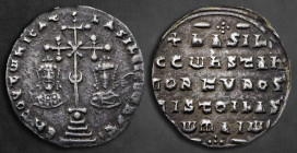 Basil II Bulgaroktonos, with Constantine VIII AD 976-1025. Constantinople. Miliaresion AR