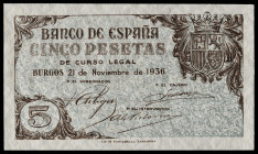 1936. Burgos. 5 pesetas. (Ed. 417n) (Cobo P.EE 1, mismo ejemplar). 21 de noviembre. Sin numeración. Doblez longitudinal a la altura de "P. EL INTERVEN...