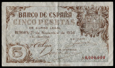 1936. Burgos. 5 pesetas. (Ed. falta) (Cobo P.EE 1b, mismo ejemplar). 21 de noviembre. Billete de aprobación y muestra. Serie A. Numeración 0.000.000. ...