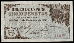 1936. Burgos. 5 pesetas. (Ed. 417) (Pick 97a). 21 de noviembre. Numeración distinta a la habitual, sin comas y con un dígito menos. Leves marquitas po...