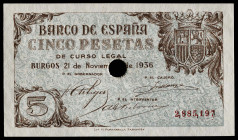 1936. Burgos. 5 pesetas. (Ed. 417T) (Pick 97a). 21 de noviembre. Con taladro de cancelación. Doble agujero de grapa. Apresto original. Se entrega enca...