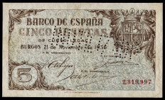 1936. Burgos. 5 pesetas. (Ed. 417N). 21 de noviembre. "INUTILIZADO" en perforación. Restaurado. Se entrega encapsulado. Raro. (MBC+).