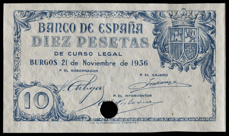 1936. Burgos. 10 pesetas. (Ed. 418P) (Cobo P.EE 2b). 21 de noviembre. Prueba sin...