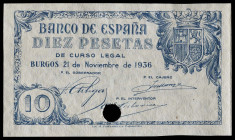 1936. Burgos. 10 pesetas. (Ed. 418P) (Cobo P.EE 2b). 21 de noviembre. Prueba sin fondo litográfico en anverso. Inutilizada con taladro. Apresto origin...