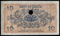 1936. Burgos. 10 pesetas. (Ed. 418Pa) (Cobo P.EE 2a). 21 de noviembre. Prueba del reverso. Inutilizada con taladro. Apresto original. Muy buen ejempla...