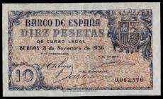 1936. Burgos. 10 pesetas. (Ed. 418) (Pick 98a). 21 de noviembre. Numeración 0.062.576. Doblez central y leves marcas por manipulación descuidada. Se e...