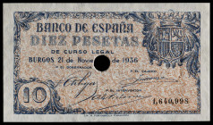 1936. Burgos. 10 pesetas. (Ed. 418T) (Pick 98a). 21 de noviembre. Con taladro central de cancelación. Doble agujero de grapa. Apresto original. Se ent...