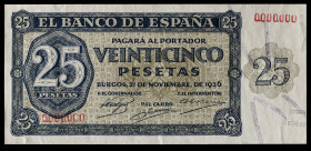 1936. Burgos. 25 pesetas. (Ed. falta) (Cobo P.EE 4 y 4a, mismos ejemplares). 21 de noviembre. Extraordinario conjunto formado por dos muestras, anvers...