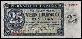 1936. Burgos. 25 pesetas. (Ed. 419) (Pick 99a). 21 de noviembre. Serie A. Leve doblez central. Apresto original. Escaso así. EBC+.