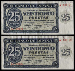 1936. Burgos. 25 pesetas. (Ed. 419) (Pick 99a). 21 de noviembre. Pareja correlativa, serie A. Doblez central. Lavados y planchados. Escasos. (EBC).