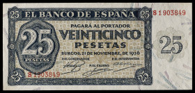 1936. Burgos. 25 pesetas. (Ed. 419b) (Pick 99a). 21 de noviembre. Serie S, última emitida. Apresto original. Muy buen ejemplar. S/C-.