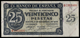 1936. Burgos. 25 pesetas. (Ed. 419N). 21 de noviembre. Serie G. "INUTILIZADO" en perforación. Doblez central. Escaso. EBC-.