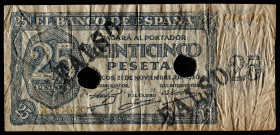 1936. 25 pesetas. (Cobo 39a). 21 de noviembre. Serie R. Falso de época. Doble sobrecarga "FALSO" en negro en anverso y reverso. Doble taladro de cance...