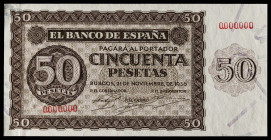 1936. Burgos. 50 pesetas. (Ed. falta) (Cobo P.EE 5 y 5a, mismos ejemplares). 21 de noviembre. Extraordinario conjunto formado por dos muestras, anvers...