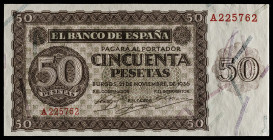 1936. Burgos. 50 pesetas. (Ed. 420) (Pick 100a). 21 de noviembre. Serie A. Esquinas rozadas. Leve marca por manipulación descuidada. Raro. S/C-.