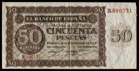 1936. Burgos. 50 pesetas. (Ed. 420N). 21 de noviembre. Serie R. "INUTILIZADO" en perforación. Escaso. MBC-.