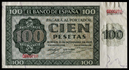 1936. Burgos. 100 pesetas. (Ed. falta) (Cobo P.EE 6 y 6a, mismo ejemplar). 21 de noviembre. Extraordinario conjunto formado por dos muestras, anverso ...