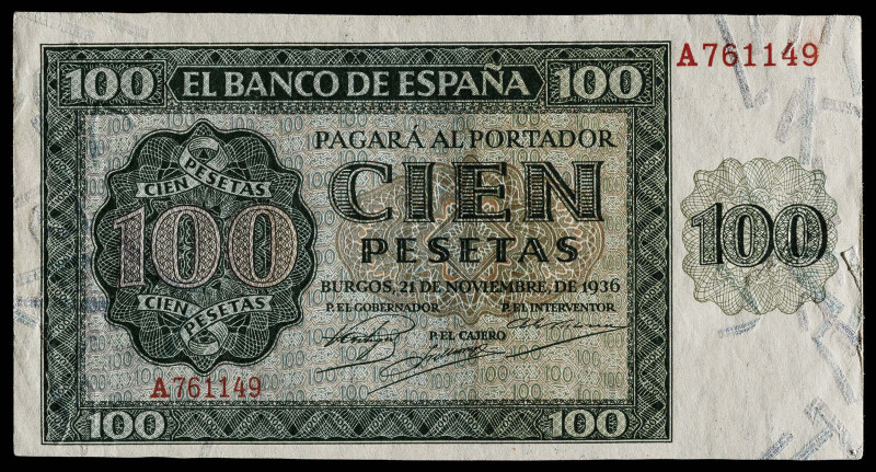 1936. Burgos. 100 pesetas. (Ed. 421) (Pick 102a). 21 de noviembre. Serie A. Dobl...