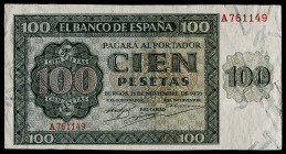 1936. Burgos. 100 pesetas. (Ed. 421) (Pick 102a). 21 de noviembre. Serie A. Doblez central. Esquinas rozadas. Ligeramente recortado. (EBC).