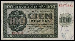 1936. Burgos. 100 pesetas. (Ed. 421b) (Pick 101a). 21 de noviembre. Serie X, última emitida. Esquina inferior derecha rozada. S/C-.