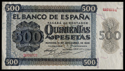 1936. Burgos. 500 pesetas. (Ed. falta) (Cobo P.EE 7 y 7a, mismo ejemplar). 21 de noviembre. Extraordinario conjunto formado por dos muestras, anverso ...