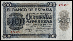 1936. Burgos. 500 pesetas. (Ed. 422) (Pick 102a). 21 de noviembre. Serie A. Doblez en cruz. Lavado y planchado. Raro. (MBC).