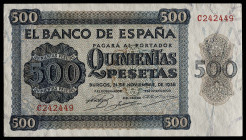 1936. Burgos. 500 pesetas. (Ed. 422b) (Pick 102a). 21 de noviembre. Serie C, última emitida. Doblez central. Esquinas rozadas. Raro y más así. EBC.