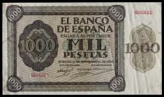 1936. Burgos. 1000 pesetas. (Ed. falta) (Cobo P.EE 8 y 8a, mismo ejemplar). 21 de noviembre. Extraordinario conjunto formado por dos muestras, anverso...