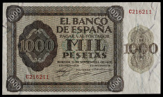 1936. Burgos. 1000 pesetas. (Ed. 423b) (Pick 103a). 21 de noviembre. Serie C, última emitida. Doblez central. Marcas por manipulación descuidada. Se e...