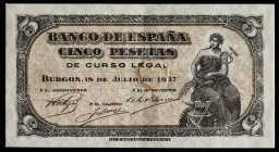 1937. Burgos. 5 pesetas. (Ed. 424T) (Cobo P.EE 10). 18 de julio. Sin serie. Agujero de taladro tapado. La numeración 0.000.000 añadida con posteriorid...