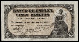 1937. Burgos. 5 pesetas. (Ed. 424) (Pick 106a). 18 de julio. Sin serie. Ligeramente planchado en su parte central. Conserva parte de su apresto origin...