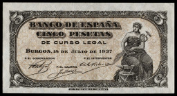 1937. Burgos. 5 pesetas. (Ed. 424a) (Pick 106a). 18 de julio. Serie A. Leve marca por manipulación descuidada. Apresto original. Escaso. S/C-.