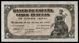 1937. Burgos. 5 pesetas. (Ed. 424b) (Pick 106a). 18 de julio. Serie C, última emitida. Leves marquitas por manipulación descuidada. Apresto original. ...