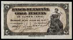 1937. Burgos. 5 pesetas. (Ed. falta). 18 de julio. Serie A. "INUTILIZADO" en perforación. Erosión superficial con pérdida de sustrato en reverso por h...