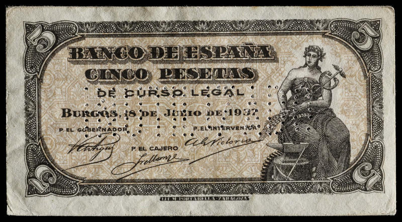 1937. Burgos. 5 pesetas. (Ed. falta). 18 de julio. Serie B. "INUTILIZADO" en per...