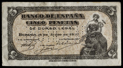 1937. Burgos. 5 pesetas. (Ed. falta). 18 de julio. Serie B. "INUTILIZADO" en perforación. Escaso. MBC-.