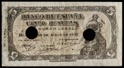 1937. Burgos. 5 pesetas. (Cobo 40). 18 de julio. Serie C. Falso de época con doble taladro de cancelación y sello tampón "FALSO" en tinta negra en rev...