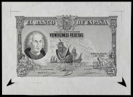 (s/d). Burgos. 25 pesetas. 1937. 18 de julio, Colón. Reproducción de la prueba previa de grabador para el anverso de un billete no emitido "visto" de ...