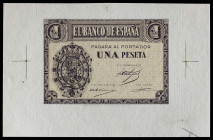 (1937). (Burgos). 1 peseta. (Cobo P.EE 20, mismo ejemplar) (12 de octubre). Prueba de imprenta de anverso y reverso. Sin fecha ni ceca de emisión. Se ...