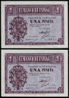 1937. Burgos. 1 peseta. (Ed. 425) (Pick 104). 12 de octubre. Pareja correlativa, serie A. Apresto original. Muy buenos ejemplares. Escasos así. S/C-.