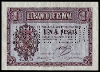 1937. Burgos. 1 peseta. (Ed. 425N) (Pick 104). 12 de octubre. Serie C. "INUTILIZADO" en perforación. Doblez central. Esquinas rozadas. Escaso. EBC-.