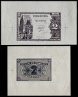 1937. Burgos. 2 pesetas. (Cobo P.EE 21 y 21b, mismos ejemplares) Conjunto de dos pruebas de imprenta. Una completa con anverso y reverso sobre papel c...