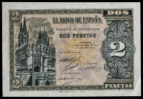 1937. Burgos. 2 pesetas. (Ed. falta). 12 de octubre. Sin numeración ni serie. Leve doblez en esquina inferior derecha. Apresto original. Se entrega en...