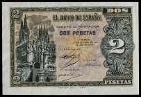 1937. Burgos. 2 pesetas. (Ed. 426a) (Pick 105). 12 de octubre. Serie B, última emitida. Leve doblez en esquina inferior derecha que no atraviesa el di...