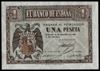 1938. Burgos. 1 peseta. (Ed. 427) (Pick 107a). 28 de febrero. Serie A. Esquinas rozadas. Manchita en margen derecho del reverso. Apresto original. S/C...