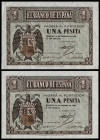 1938. Burgos. 1 peseta. (Ed. 427) (Pick 107a). 28 de febrero. Pareja correlativa, serie A. Doblez en esquina inferior izquierda que no atraviesa el di...