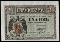 1938. Burgos. 1 peseta. (Ed. 427b) (Pick 107a). 28 de febrero. Serie G, última emitida. Numeración G0092870. Apresto original. Descentrado, pero muy b...